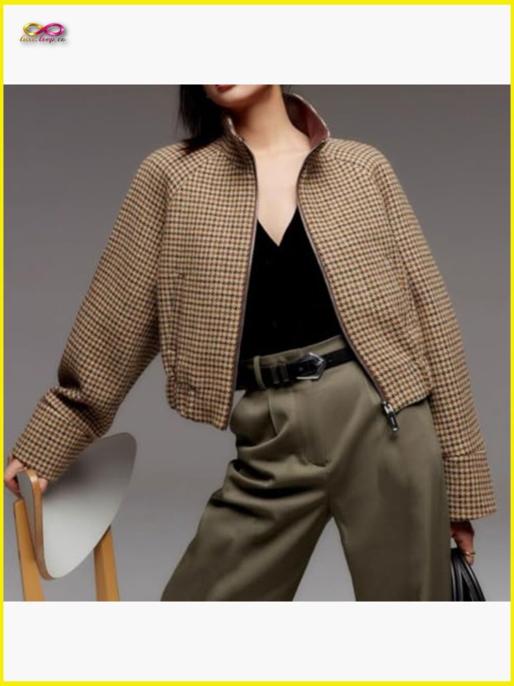 Cropped Wool Jacket Houndstooth Plaid Zip Up Bomber Peacoat Fall Winter Outwear - Picture 3 of 6
